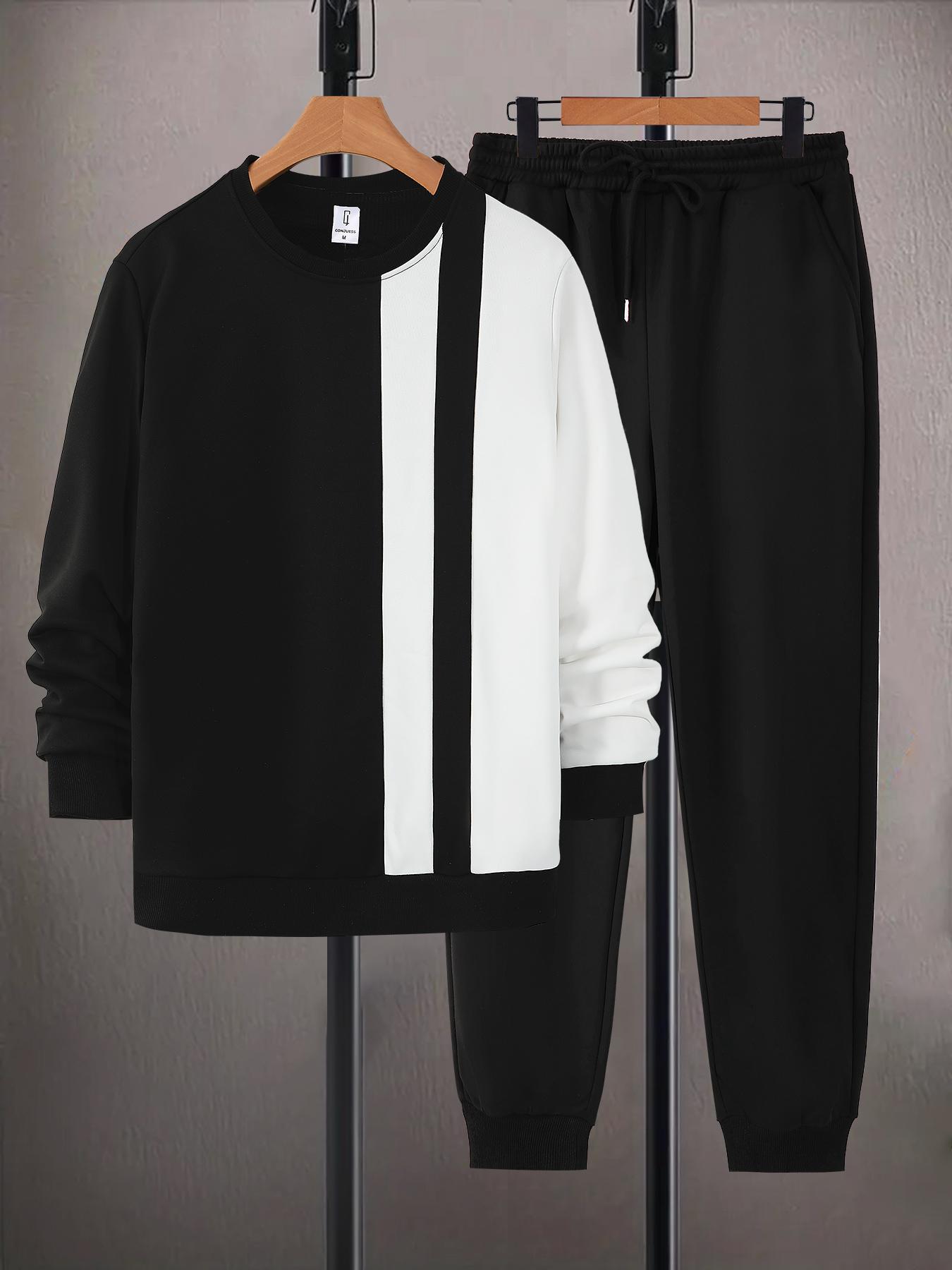 Men's Colorblock Print Sweatshirt & Pants Loungewear Two-piece Set, Casual Comfy Long Sleeve Pullover & Jogger Pants, Men's Sleepwear for Spring & Fall, Nightwear Loungewear Set