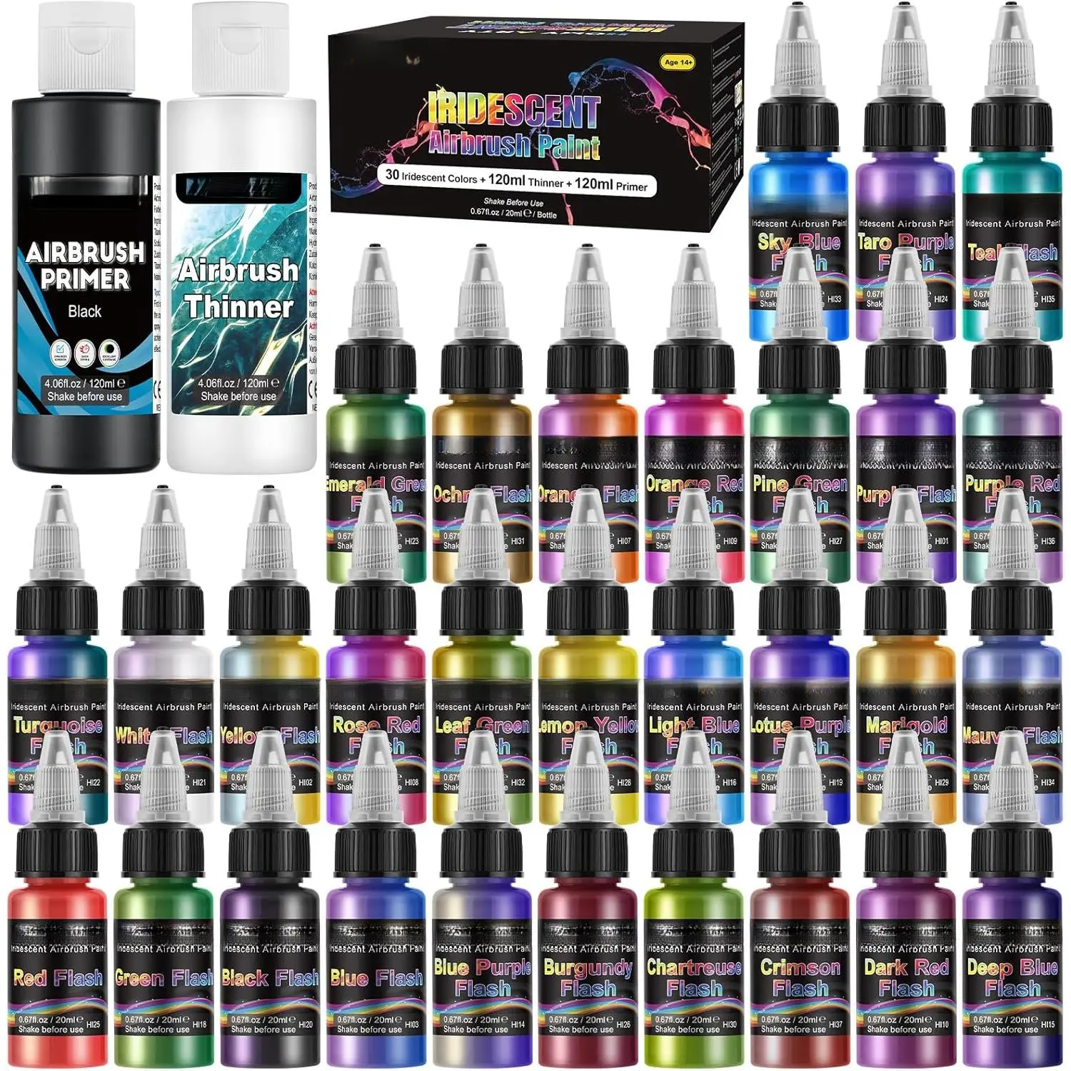 Iridescent Airbrush Paint - 30 Colors with 4.05 fl oz Thinner and 4.05 fl oz Primer, Ready to Spray Acrylic Airbrush Paints, Water-Based Iridescent Air Brush Colors for Plastic Model, Canvas