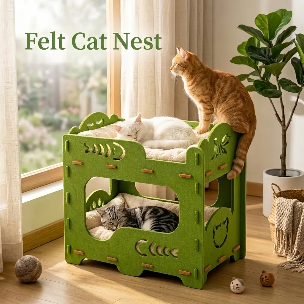 Felt double-layer cat bunk bed--tool-free assembly, sturdy cat house, suitable for multi-cat households as an indoor sleeping nest (comes with removable cushion)