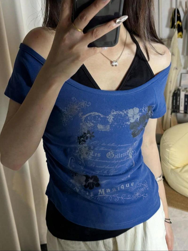 Women's 2 in 1 Floral & Letter Print  Halter Tee, Y2k Casual Top for Summer, Ladies Clothes for Daily Wear