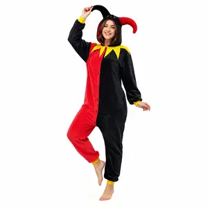 Jester Hooded Plush Pajamas, Carnival Theme Jumpsuit, Onesies, Side Pockets, Back Zipper, Cozy Party for Halloween, Masquerade, Stage Show