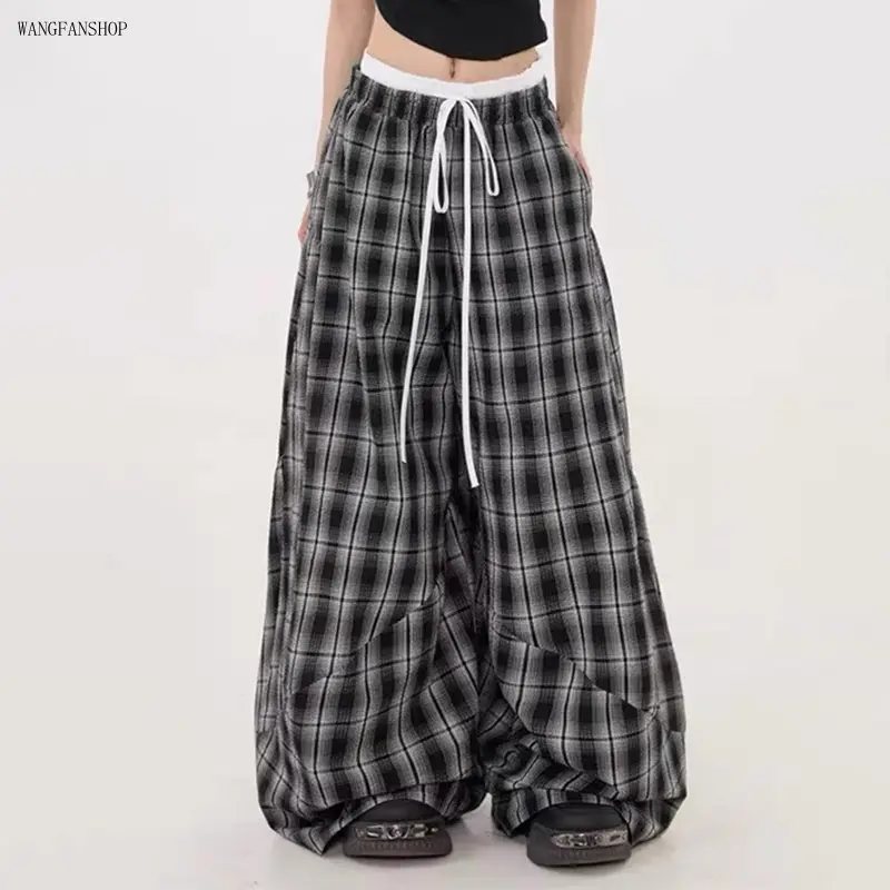 Unisex Vintage Y2K Plaid Barrel Double Waist Joggers, Drawstring Elastic Super Baggy Loose Fit Sweatpants, Lightweight All Season Streetwear Bottoms for Daily Skate & Father’s Day Gift Outfits,Boho,Wooden,Photo Display with Clips