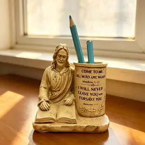 Resin Jesus Bible Reading Pen Holder, With Bible Quotes, Desktop Stationery Organizer, Decorative Piece For Office And Study, Easter And Christmas Gift