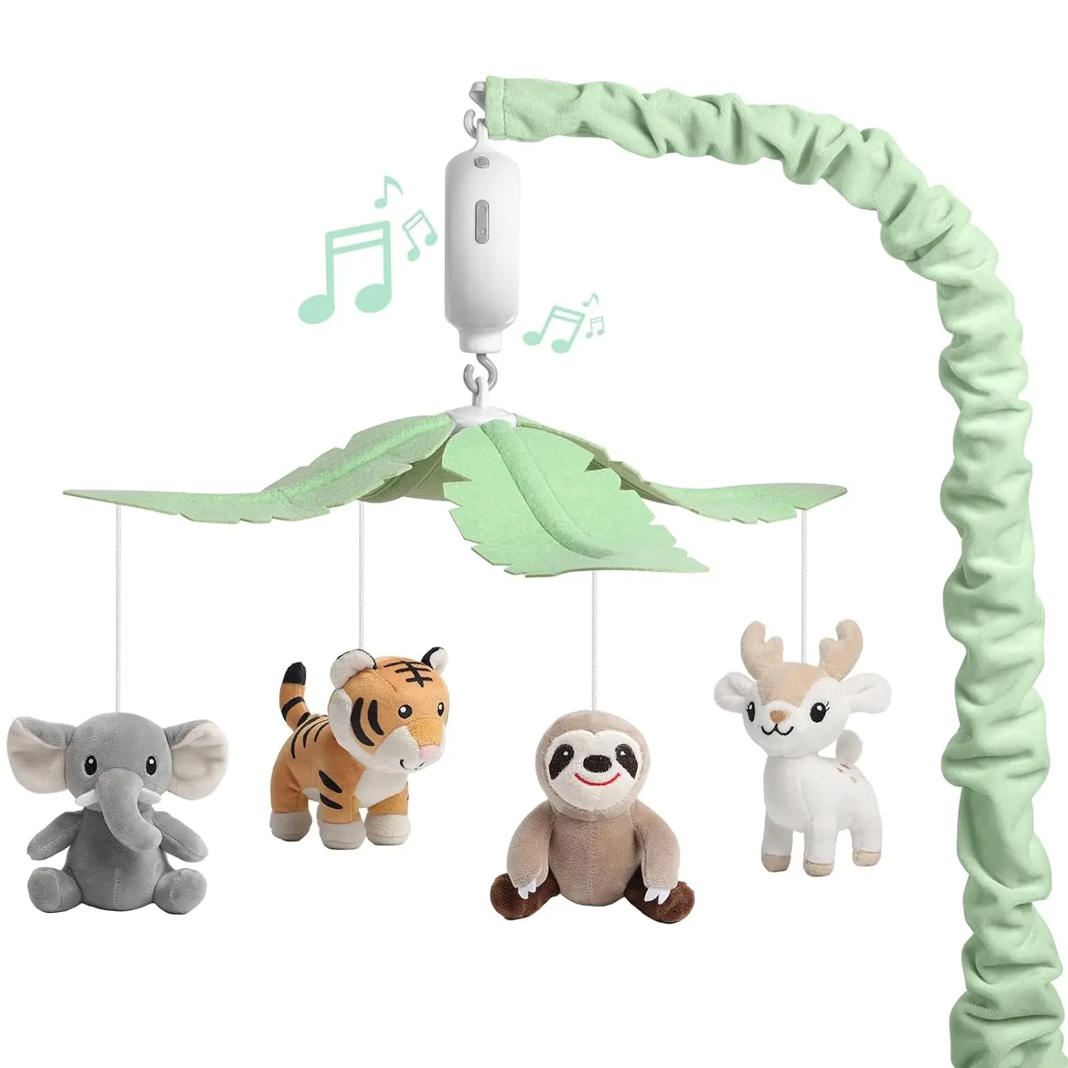 Baby Crib Mobile for Boys and Girls, Soft Plush Jungle Safari Animals Elephant Tiger Sloth Deer, Babies Nursery Decor, Calming Soother with 12 Lullabies Essential and Perfect Gift