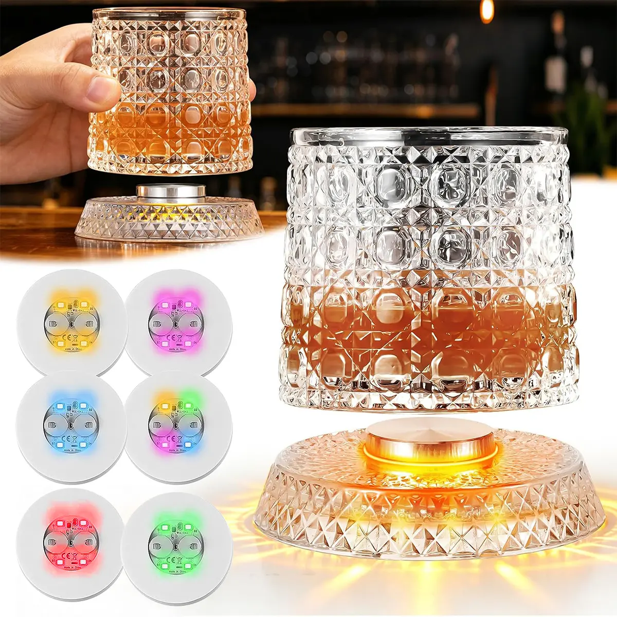 Spinning Whiskey Glasses– 9.5oz 360° Rotating Crystal Glass, Precision Metal Shaft Smooth Spin, Glowing LED Base, Heavy Anti-Slip Bottom, Vintage Diamond Relief, Stress Relief Bourbon Scotch Cocktail Tumbler, Unique Gift for Men Dad Husband