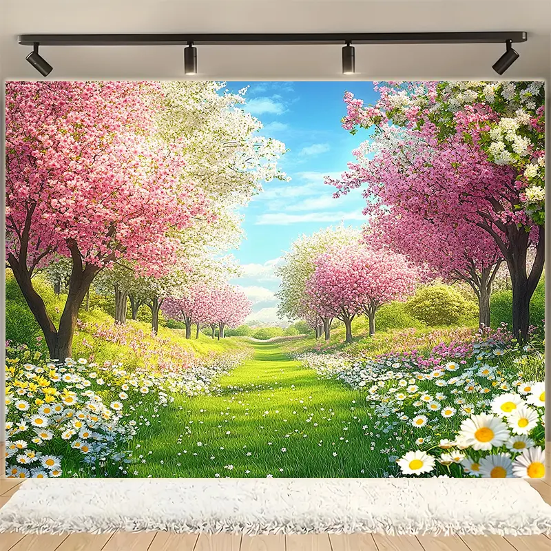 1pc Vibrant Cherry Blossom Spring Scenery Photography Backdrop - Lush Pink Blooming Trees & Wildflowers, Durable Polyester, Romantic Wall Hanging for Living Room, Bedroom, Office, Party Decoration, Floral Wallpaper