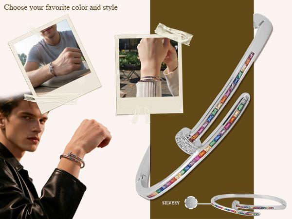 14K Gold Plated Brass Nail Bangle Bracelet for Women Men, 5A Cubic Zirconia Inlaid Unisex Stackable Non Tarnish Gold Bracelets