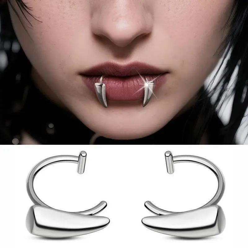Unisex 2-Pack Stainless Steel Adjustable Fake Vampire Teeth Snake Bite Lip Rings, Non-Pierced Punk Goth Faux Body Jewelry, Cool Halloween Party Cosplay Costume Props