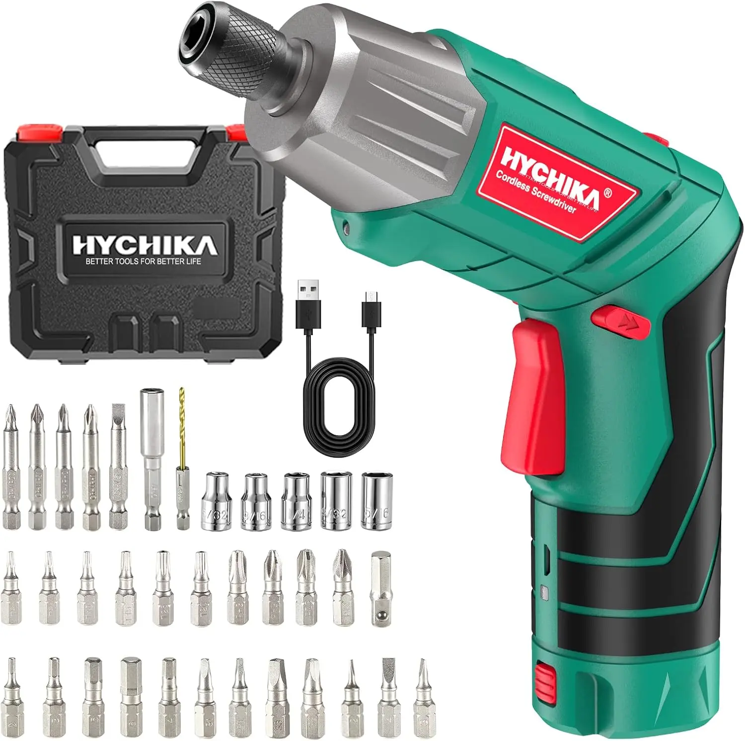 Screwdriver, HYCHIKA 4V 2.0Ah Electric Screwdriver Screw Gun & Bit Set, Front LED and Rear Flashlight, Ratchet Wrench, DC Charging with USB Cable, 36pcs Accessories
