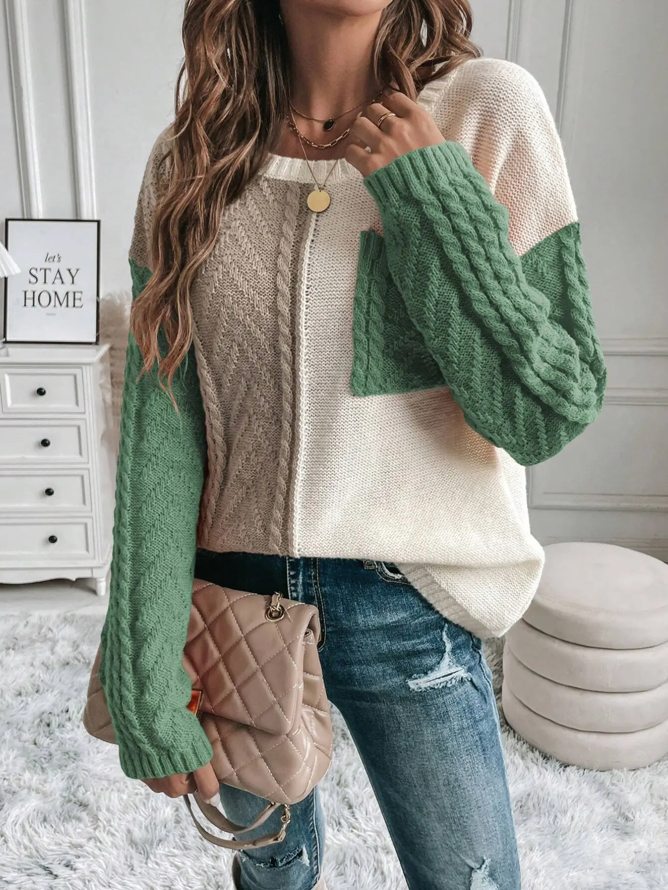 Coffee Colorblock Knit Round Neck Loose Sweater, Casual Pullover for Daily Wear, Comfortable and Stylish Top