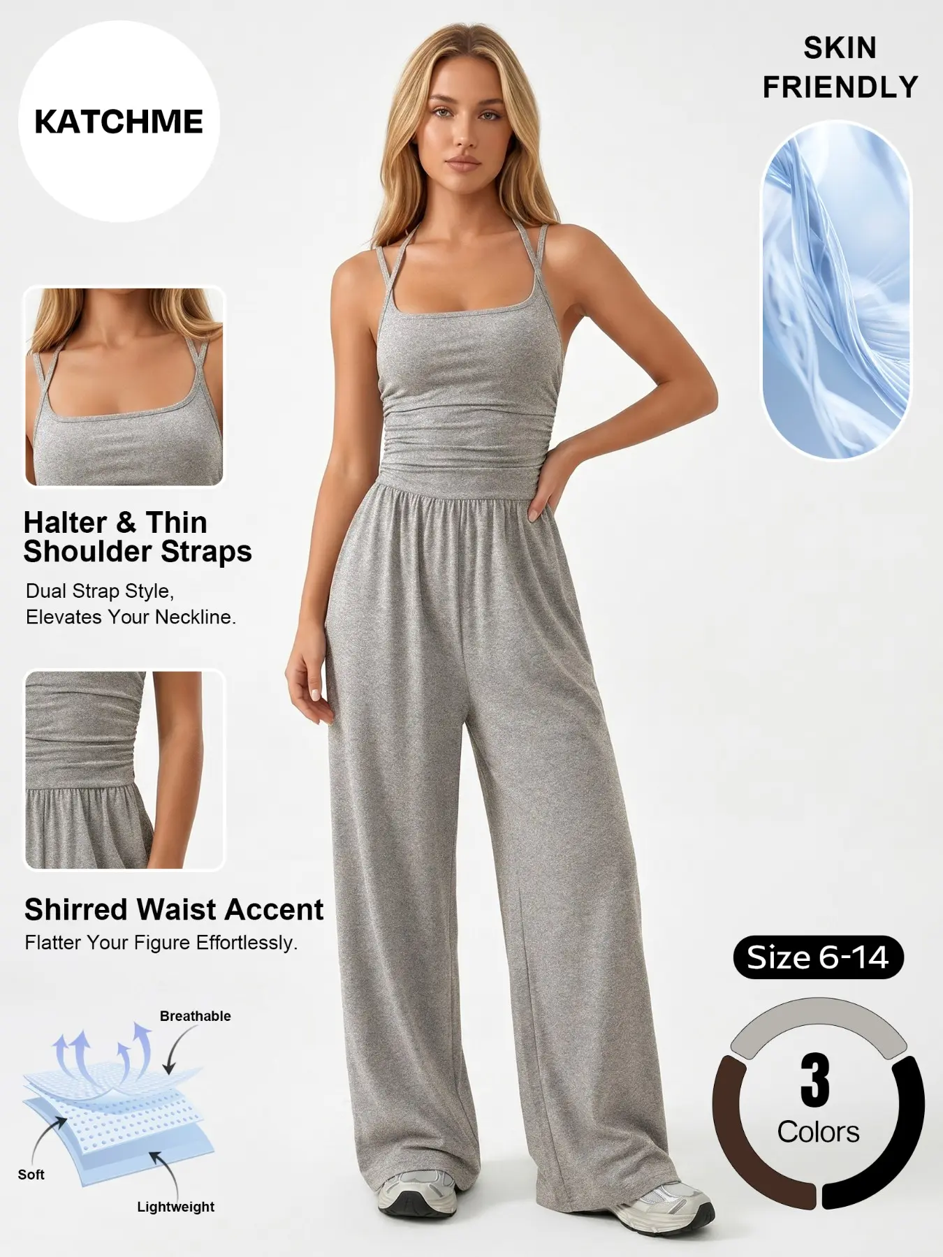 Women's Casual Chic Solid Color Strapless Halter Neck Thin Pleated Wide Leg Romper, Soft Sweat-Wicking Elastic Sportswear, Breathable Loose Fit, Ideal for Spring Summer