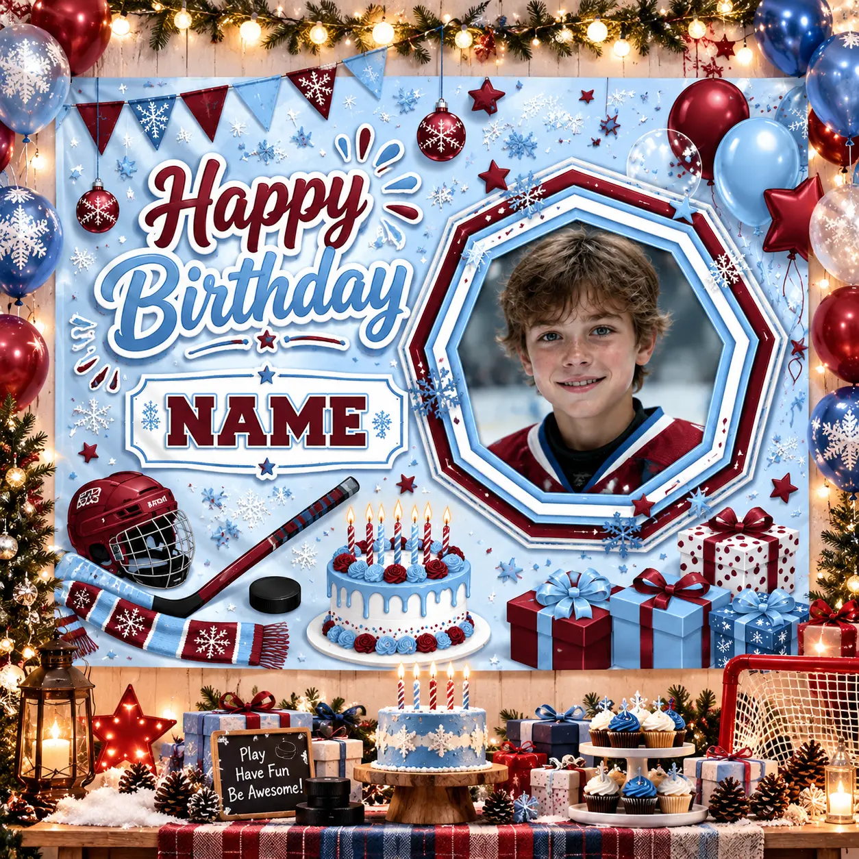 Custom Photo & Name Personalized Blue Sports Birthday Backdrop, Boys Party Decoration, Birthday Photo Booth Background