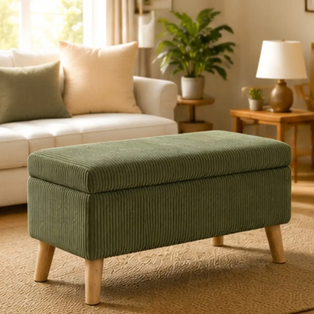 ARCH 32 Inch Wide Olive Green Corduroy Storage Ottoman Bench with Wooden Legs, Flip-Top Storage Box, Soft Upholstered Footrest, Shoe Bench for Bedroom, Living Room, Entryway, End of Bed Bench, Home Furniture and Household Product Search Terms