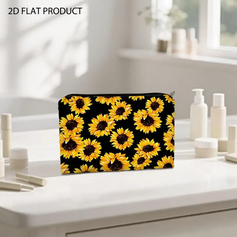 Stylish Sunflower Print Cosmetic Bag, Dense Vibrant Yellow Sunflower Pattern on Black Background, Double Sided Design in Size 5.9*8.66inch, Portable Makeup Organizer for Travel & Daily Beauty Storage