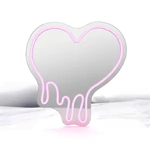 Pink Melting Heart Mirror Neon Sign, USB Powered LED Light, Aesthetic Wall Decor for Bedroom, Living Room, Party, Bar, Wedding, Cute Dripping Heart Shape Neon Lamp, Gift for Teens, Girls, Couples, Home Decoration