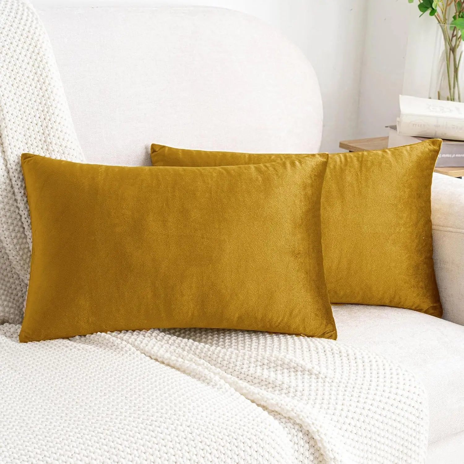 Dark Gold Velvet Rectangular Throw Pillow Covers 12x20 Inch, Pack of 2 Soft Cozy Decorative Luxury Cushion for Couch Sofa Bed Living Room Bedroom