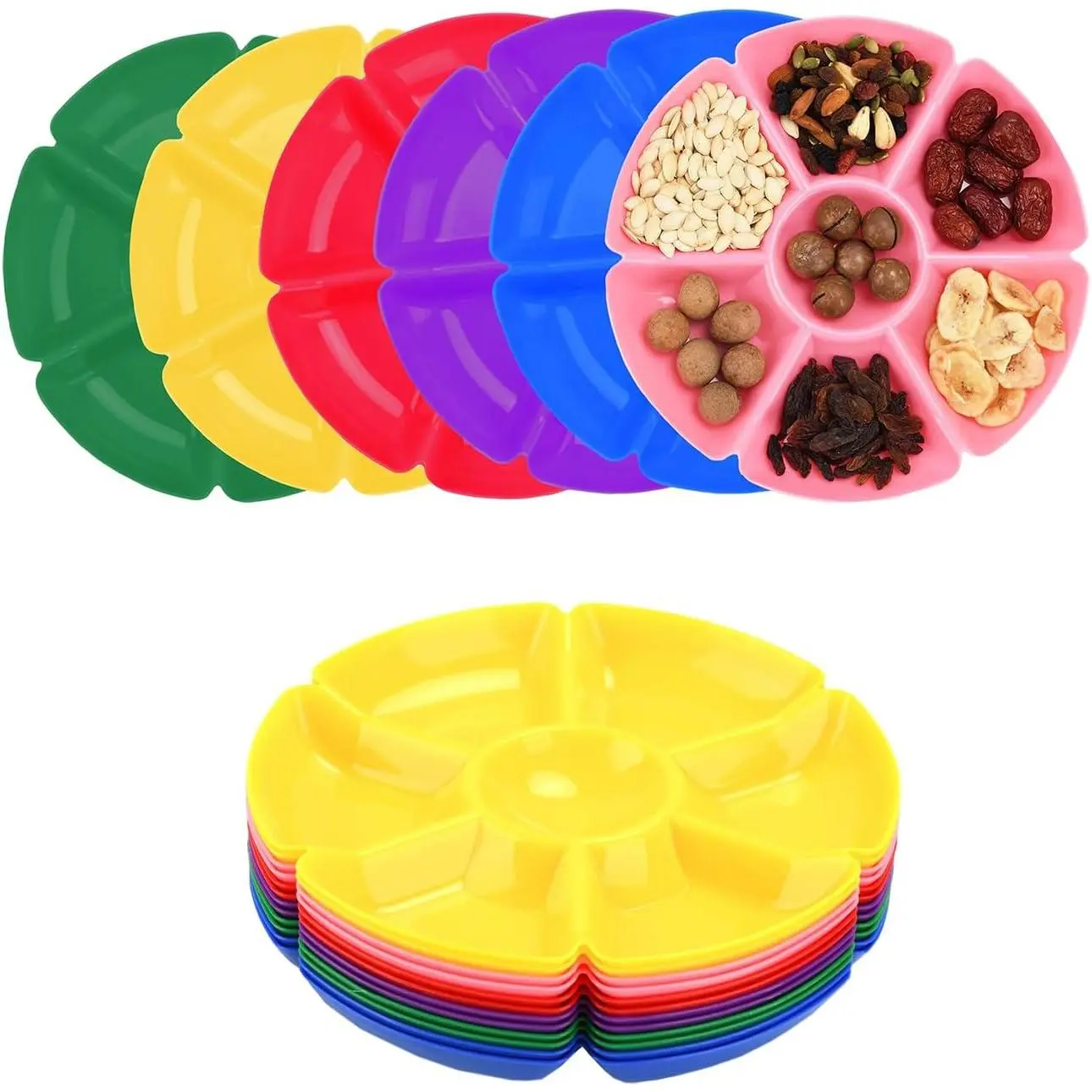12 Pcs Plastic Sectioned Divided Serving Tray Platter for Snack, Chip Dip, Nuts, Candy, Dried Fruit, Veggies
