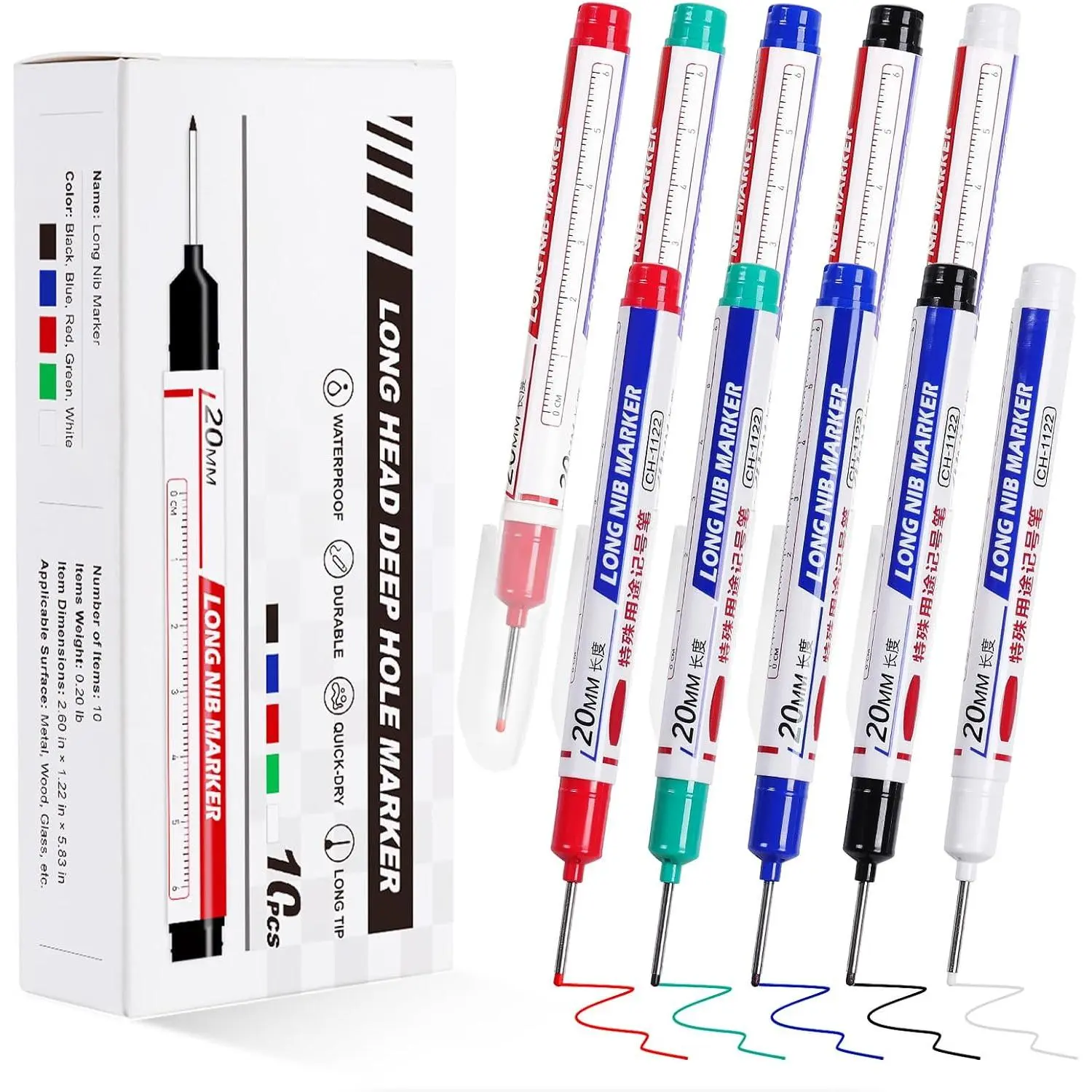 10 count Long Nib Marker 20mm Long  Deep Hole Marker Pens | Fine Tip Deep Hole Marker Pens Permanent  Markers for Metal Drilling Carpenter Woodworking Construction