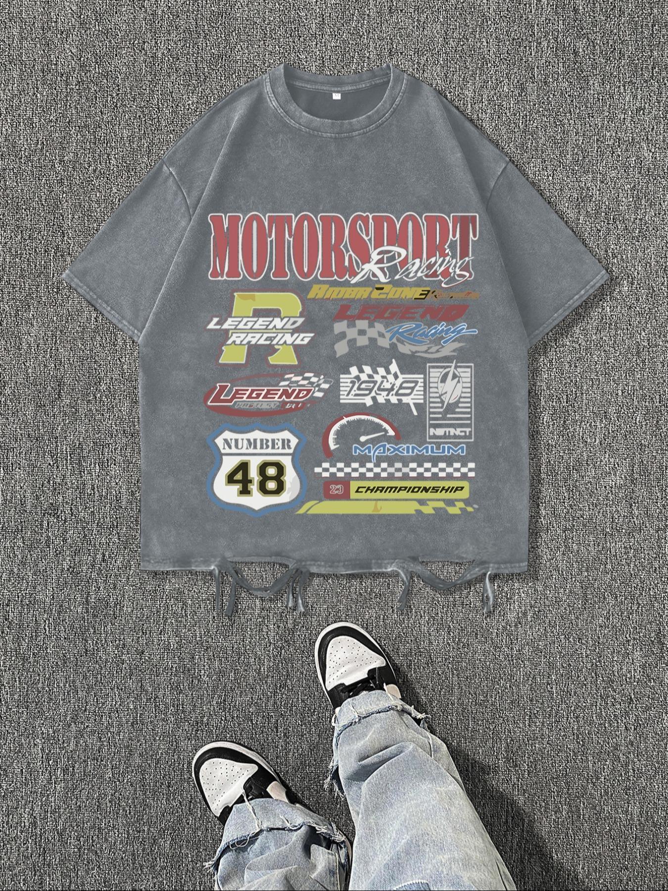 Men's Vintage Letter Print Raw Hem Round Neck Tee, Regular Fit Casual Short Sleeve T-shirt, Men's Summer Top for Daily Wear, Cotton