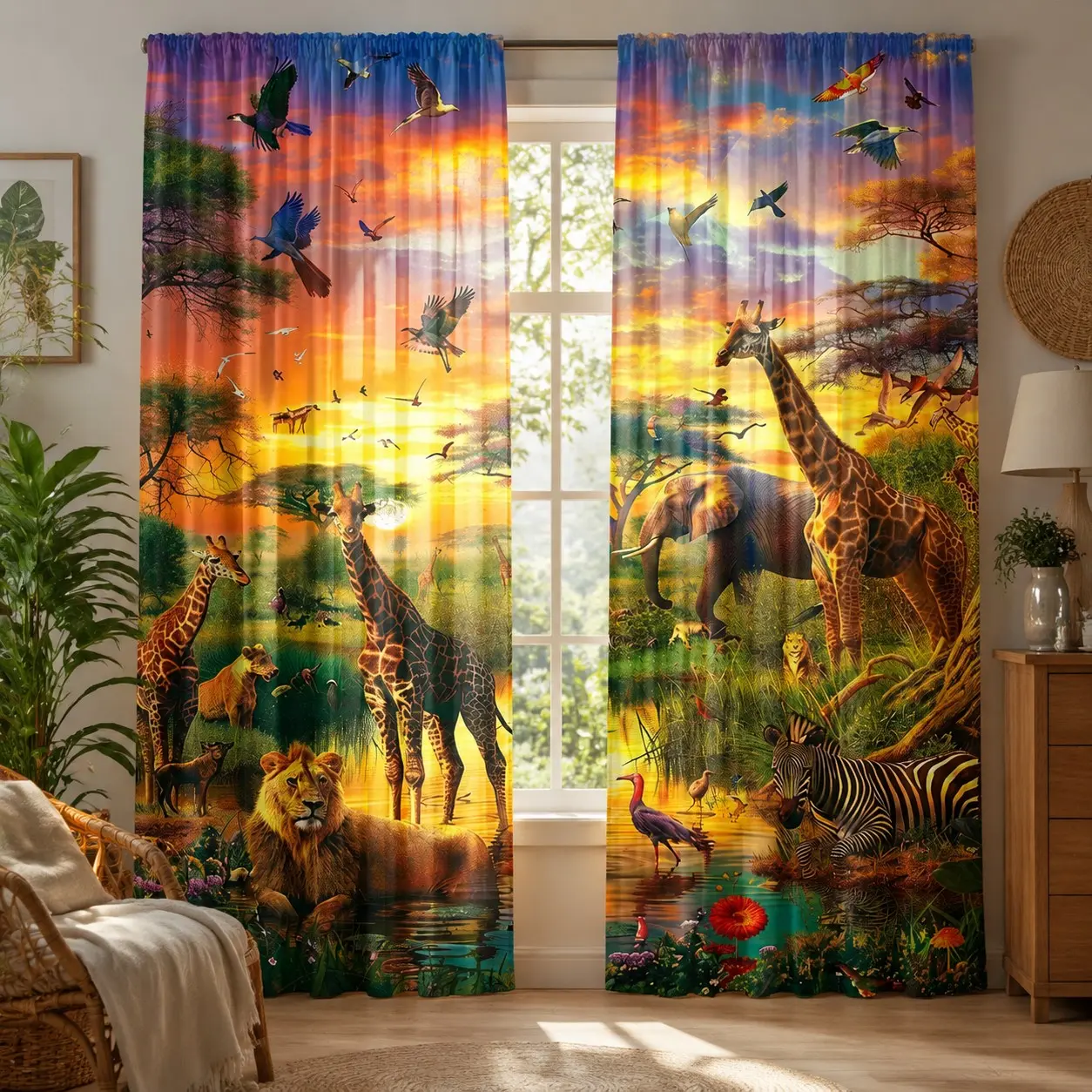 African Forest Wildlife Scene Curtains, Modern Style, Semi-Transparent, No Lining, for Bedroom, Office, Kitchen, Living Room, Study