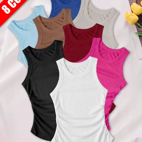 Women's Sporty Sleeveless Vest Fashion Casual Breathable Quick-Dry Side Straps Elastic Ribbed Vest Suitable for Summer Daily Innerwear