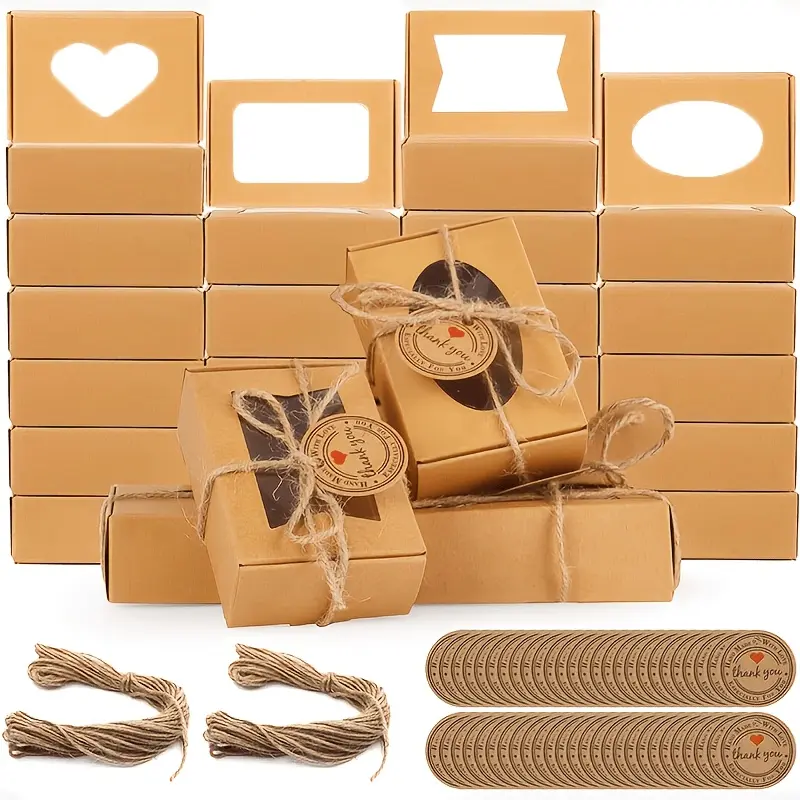 8/32pcs gift box multi-style mixed window kraft paper box with hemp rope and elevator transparent window gift box hand gift packaging is suitable for Valentine's Day wedding birthday anniversary party and other gift boxes.