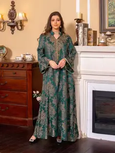 Middle Eastern Muslim Heavy Embroidery Ethnic Style Collar Beaded Stand Collar Dress Abayas, Modest Islamic Clothing, Long Sleeve Fitted Unlined Plain Surface