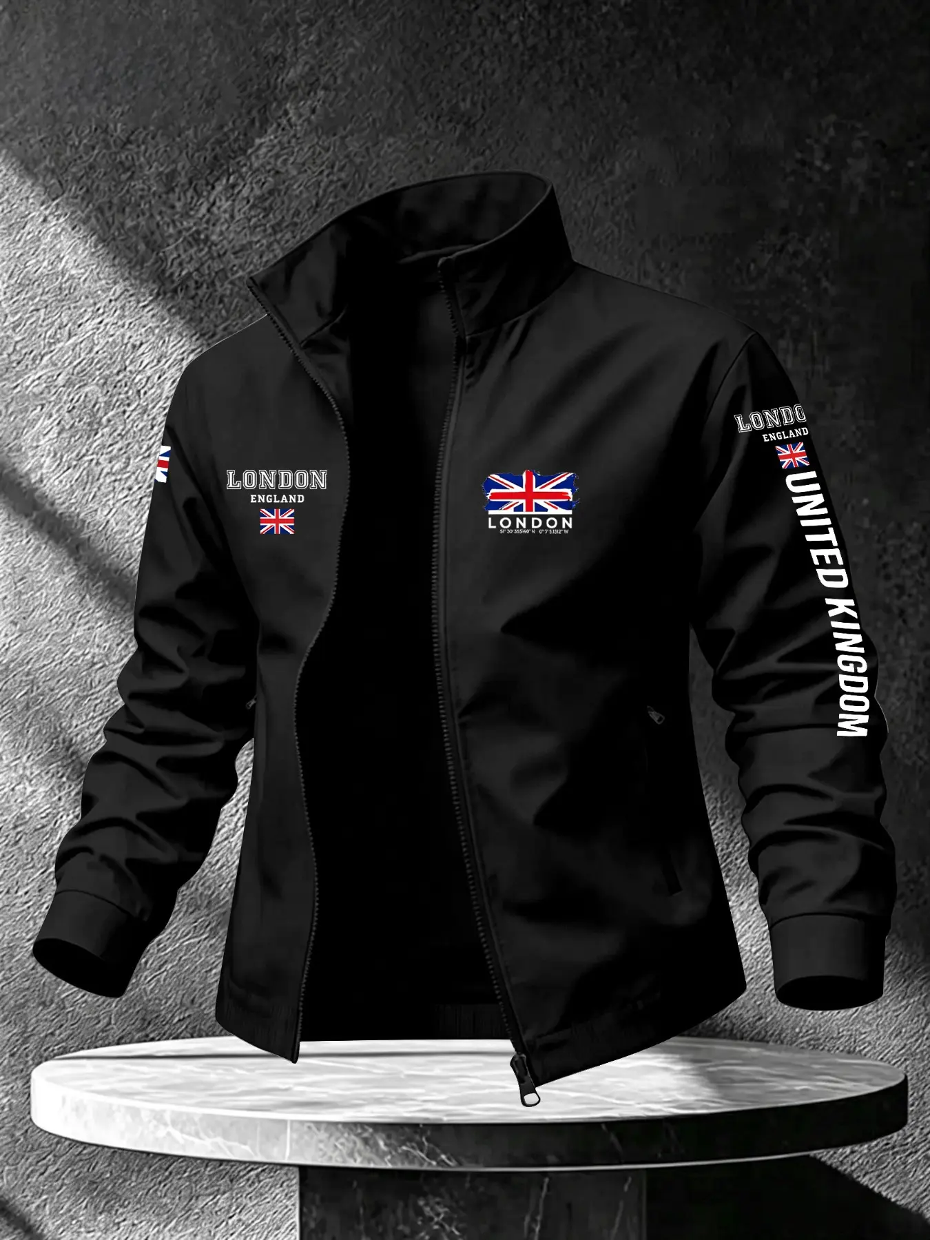 Men's Stand Collar Sport Jacket, Uk London Flag Print Casual Zipper Coat, Trendy Loose Fit Athletic Outerwear, Versatile Fashion Top