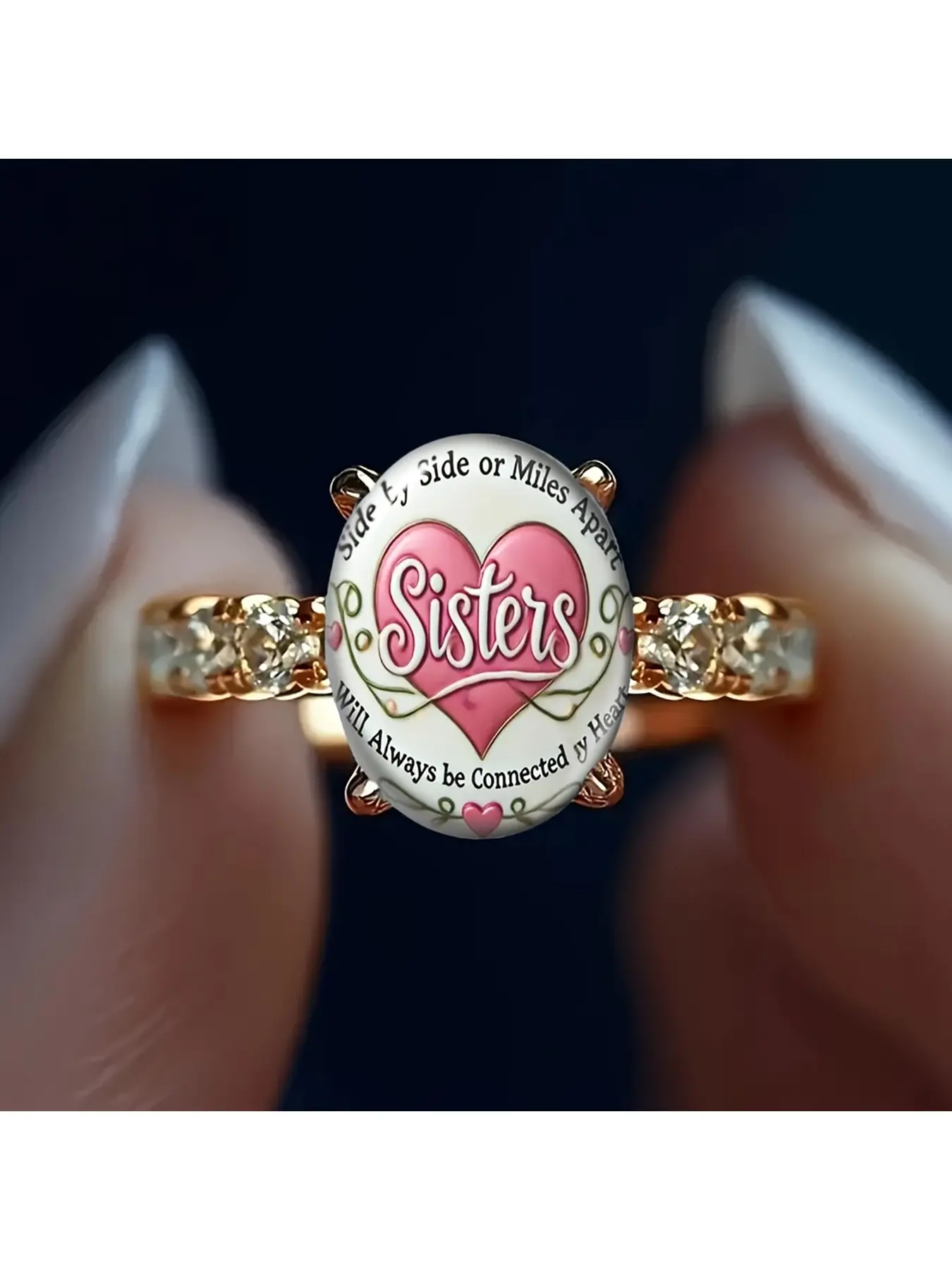 Sisters - An elliptical rose gold ring with a white base and pink hearts. It is engraved with a heartwarming English message: Even though we are thousands of miles apart, our sisters' hearts are closely connected. The style is gentle and sweet, making it
