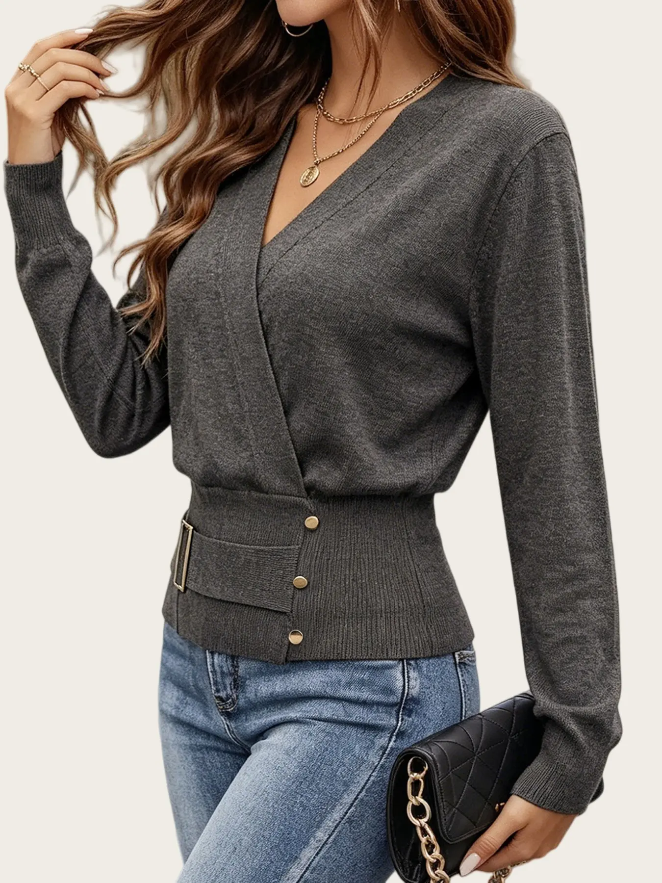 Women's Knitted Pullover Sweater, Cross Neck Long Sleeve, Short Loose-Fit, Casual Fall & Winter Top, Elegant Daily Wear