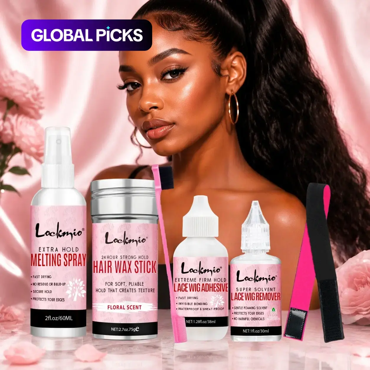 6pcs Wig Glue Styling Set, Lace Melting Spray for Glueless Wigs, Hair Edge Control & Styling Melting Spray Includes hair wax stick lace glue  remover  elastic band edge brush.