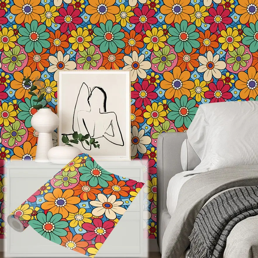 Colorful Cartoon Style Wallpaper, Fun Sunflower Floral Texture, PVC Self-Adhesive, Waterproof Removable, Home Decor for Kitchen, Bedroom, Living Room
