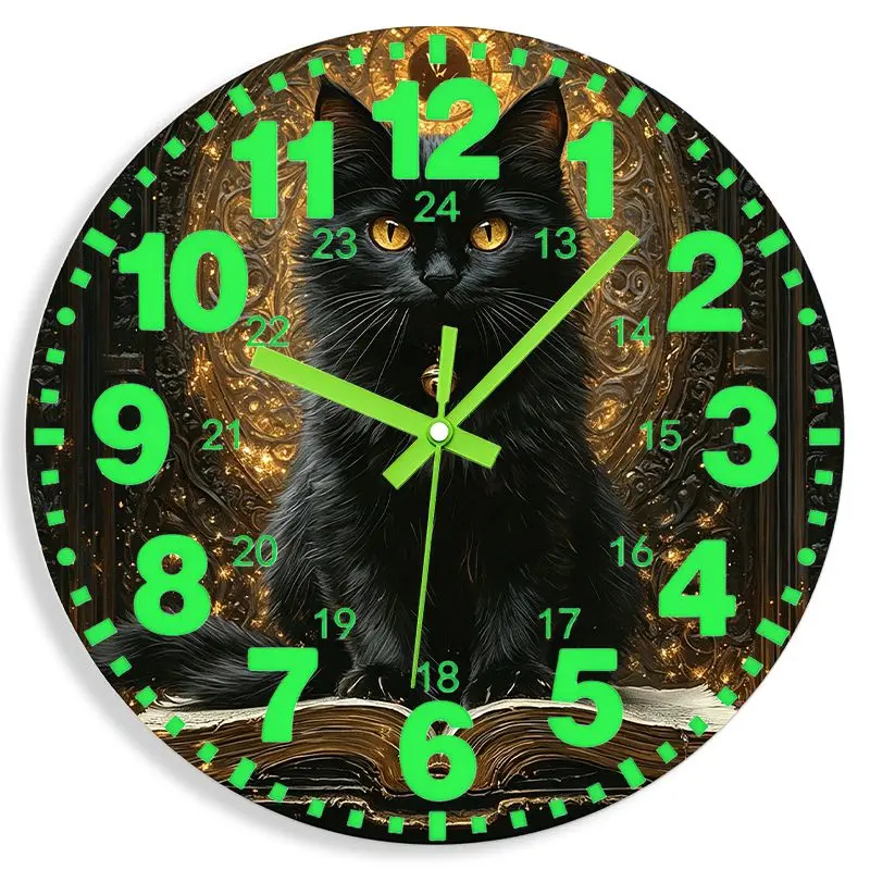Black Cat Glow in Dark Acrylic Wall Clock, Silent Luminous Mirror Surface Light Clock with Digital and Hands for Bedroom, Living Room, Kitchen, Holiday Gift for Movie Lovers