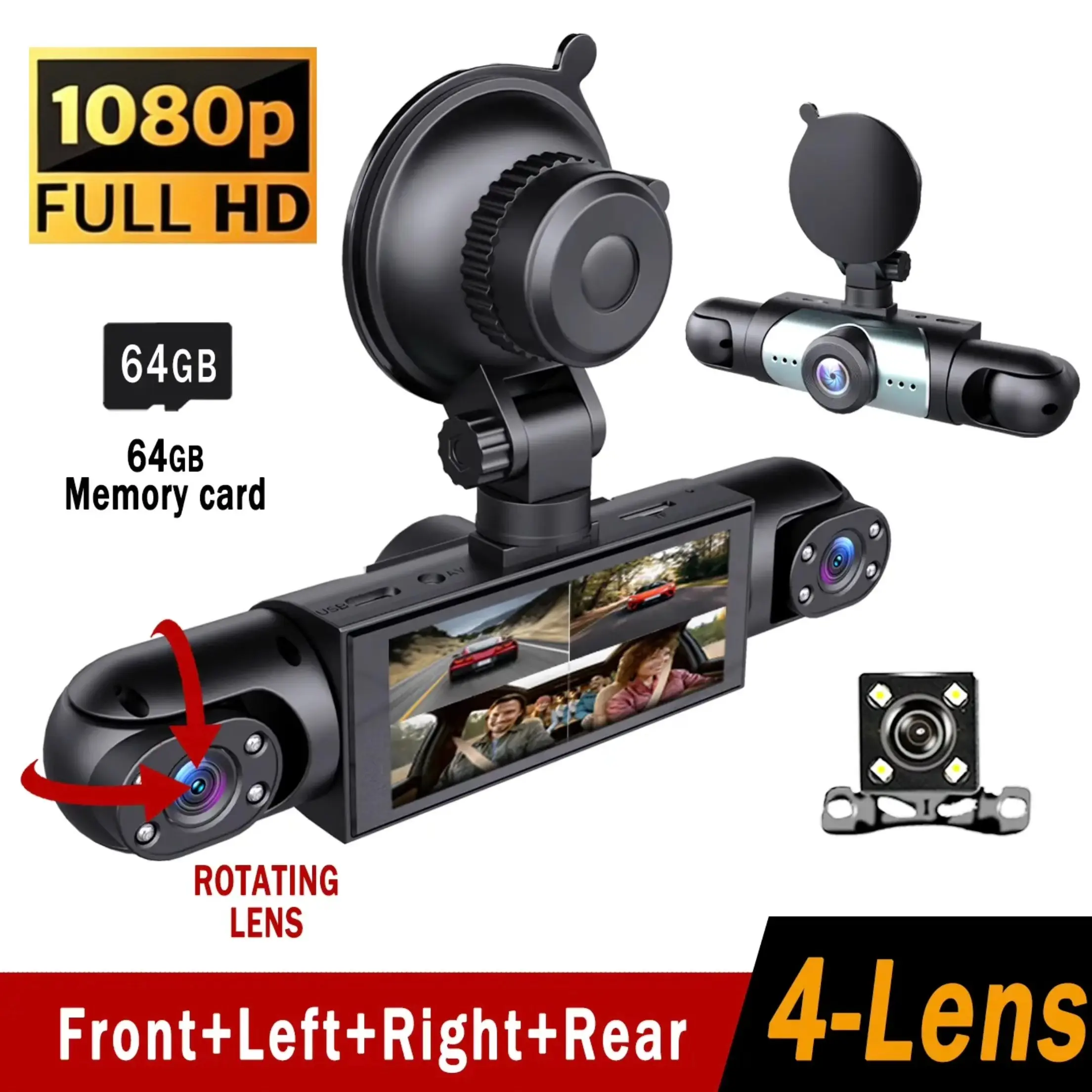 Hot Sale Bestseller for Uber & Lyft Rideshare Drivers! 4-Channel Non Wireless Dash Cam, 1080P Full HD Front + 720P Rear Left Right Coverage, Hardwired Powered,   G-Sensor, Comes With Free 64GB Memory Card, Car Dashboard Safe Driving Black Box