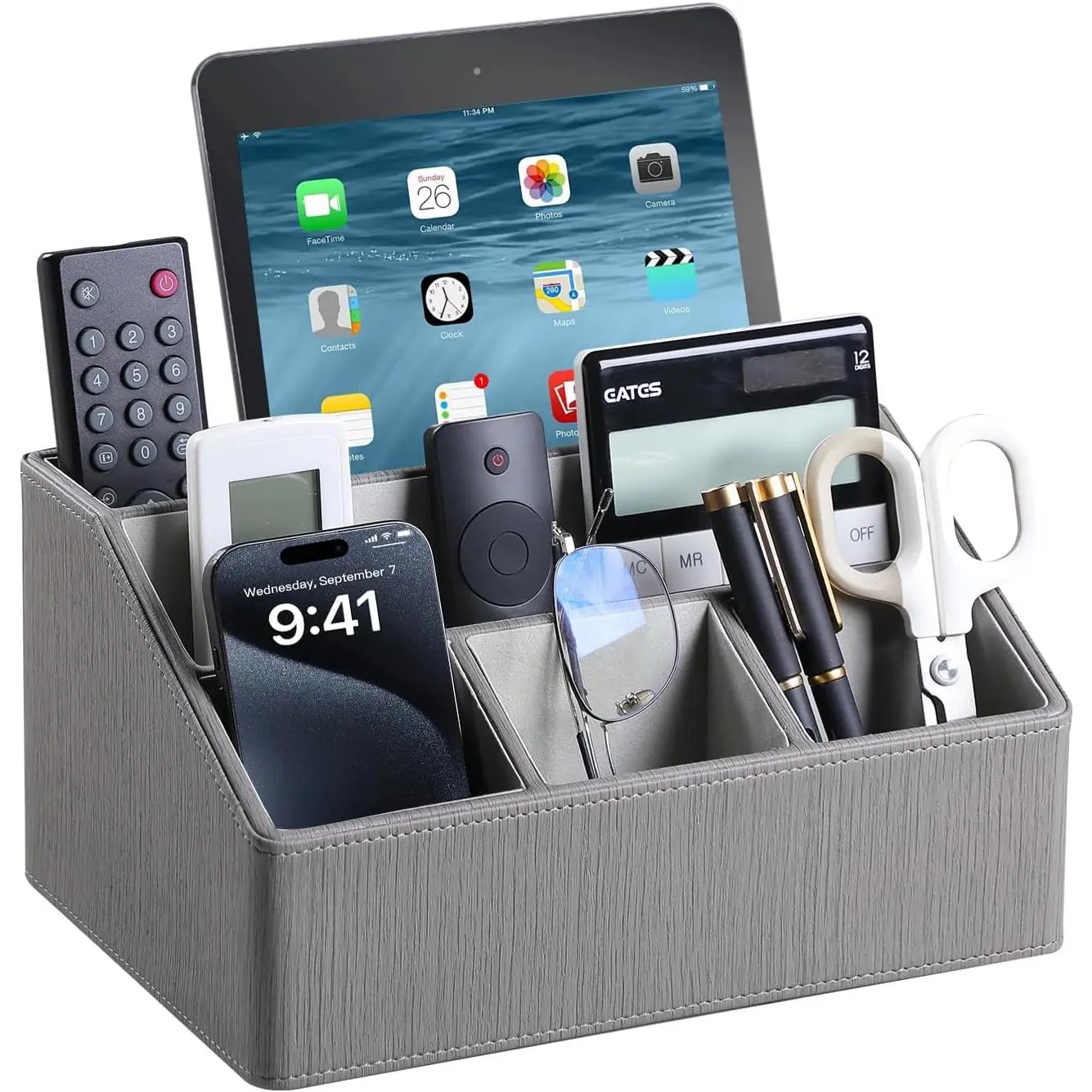 PU Leather Desk Organizer, Remote Control Holder, Grey