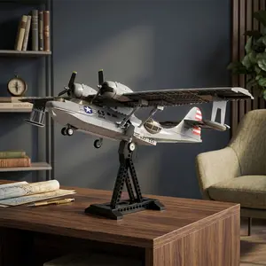 PBY-5A Catalina Seaplane Building Blocks Model Kit with Dedicated Display Stand Historical Navy Bomber Aircraft Toy Adult Collectible Desk Ornament Aviation Fan Holiday New Year Gift Advanced Retro Plane Construction Set
