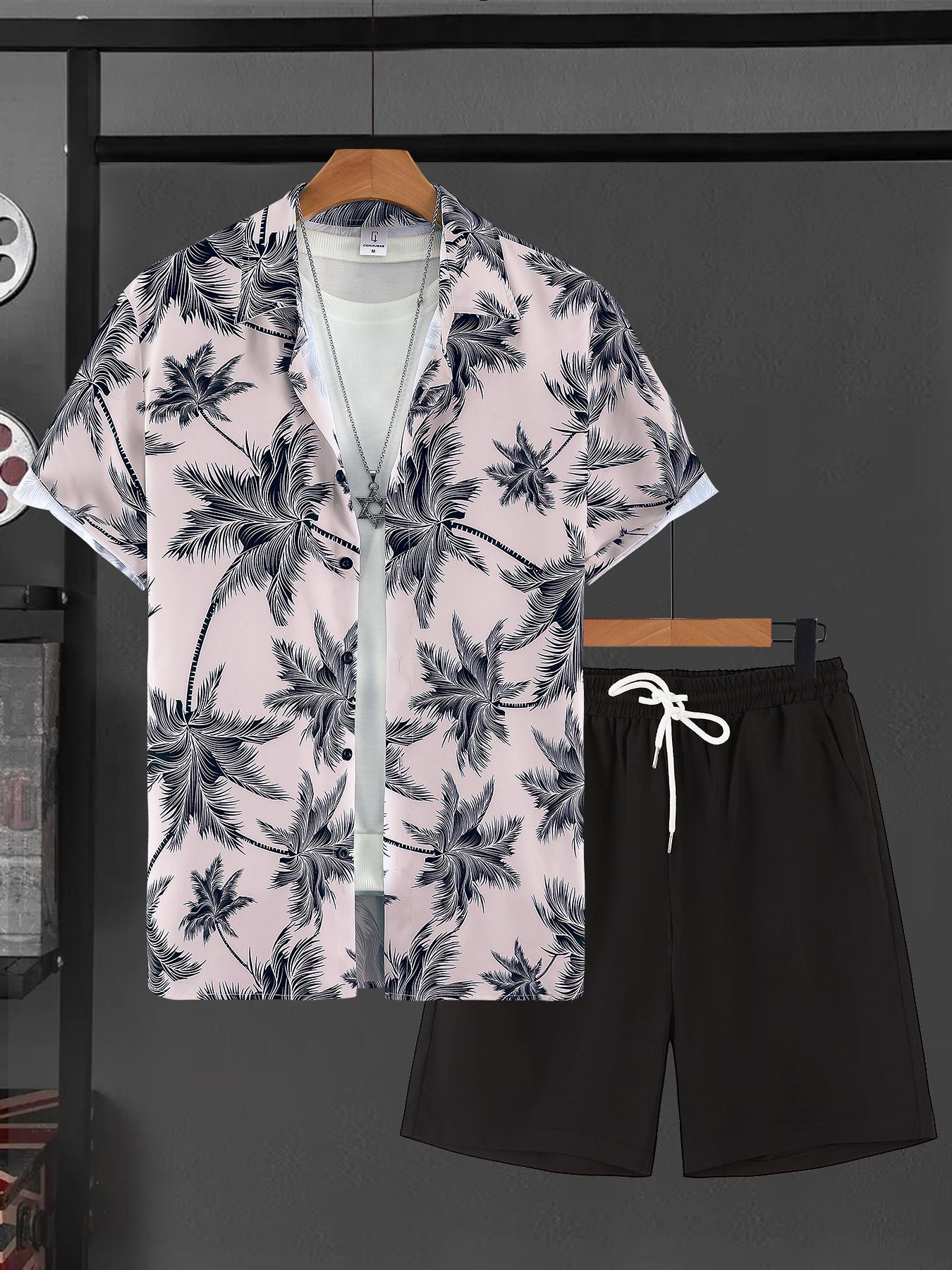 Two-Piece Set Men's Various Pattern Print Short Sleeve Pajama, Regular Fit Casual Comfy Button Front Collared Top & Drawstring Waist Pocket Design Shorts PJ Set, Men's Summer Sleepwear, Casual Pajamas Outfit