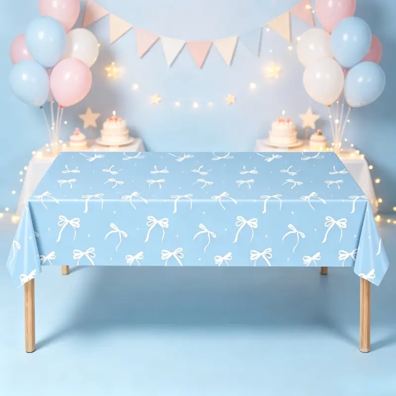 New Pink & Blue Bow Pattern Disposable Party Tablecloth, Bow Print Rectangle Table Cover for Girls Boys Birthday Party Decorations