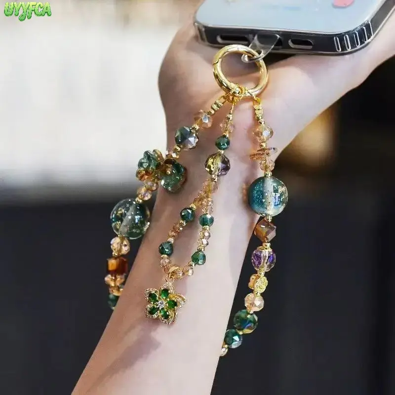 Sweet Fashionable Crystal Beaded Phone Wrist Strap,Butterfly Aesthetic Multi Layered Floral Rhinestone Double Strand Phone Lanyard with Detachable Spring Ring Clasp, Glass Bead Hanging Ornament for Daily Anti Drop Phone Bag Fashion Accessory,4th of july