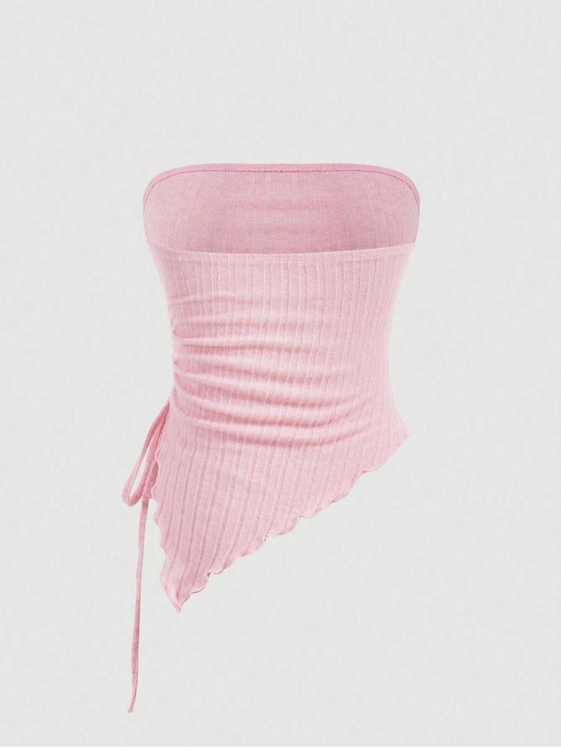 Women's Solid Ruched Backless Crop Tube Top, Casual Drawstring Asymmetrical Hem Sleeveless Top for Summer, Minimalist Women's Clothing for Daily Wear, Casual Fitted Sleeveless