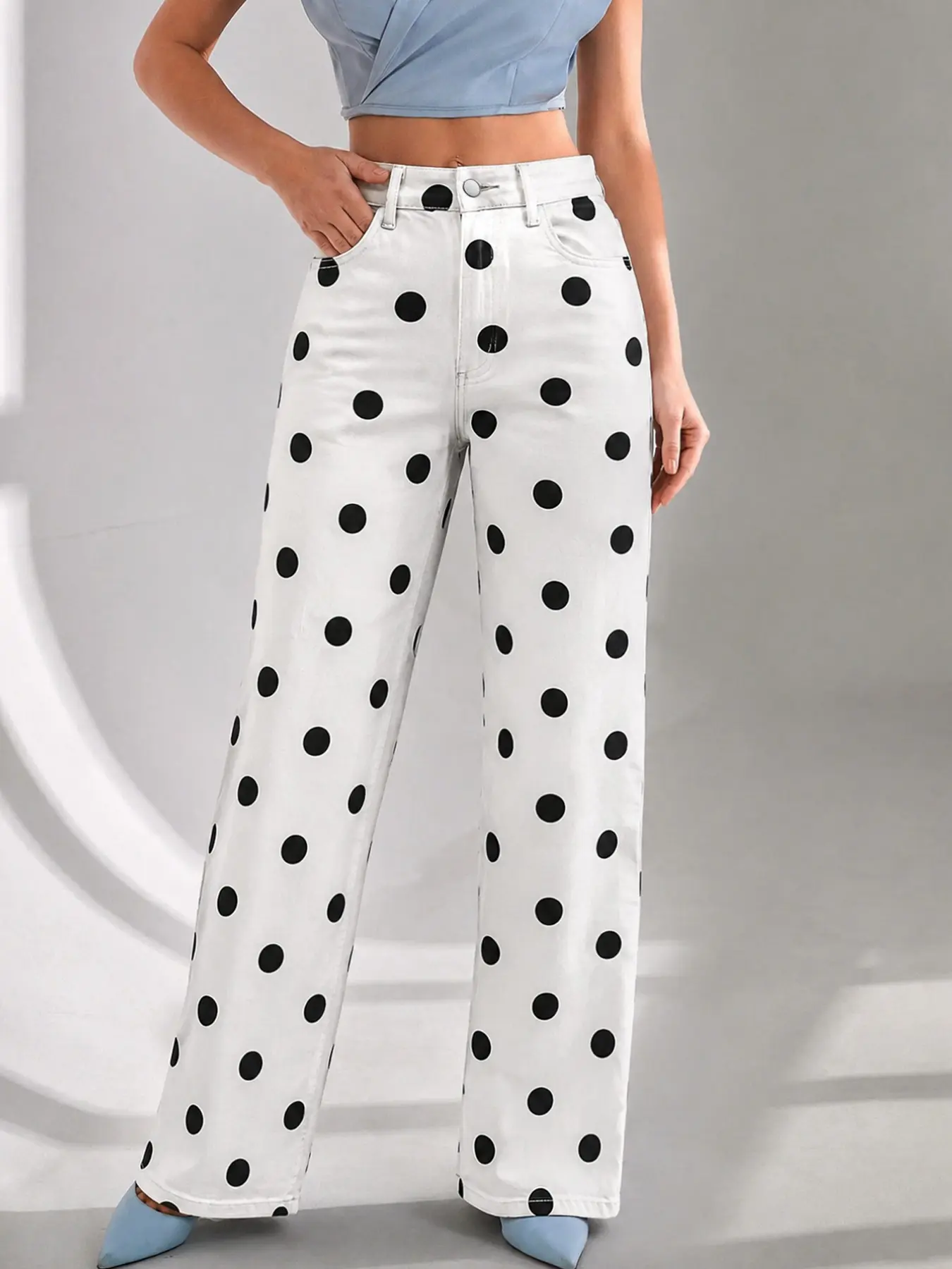 French Vintage Polka Dot High-Waisted Wide-Leg Jeans for Women, Fashionable Print Flowing Slimming Versatile Straight Leg Long Jeans