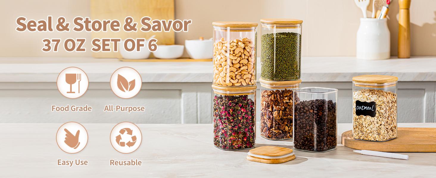 37 Oz Glass Storage Jars with Bamboo Lids - 6 Pack Clear Glass Canisters Square Airtight Stackable Ideal for Pantry Storage Containers Organizers Great for Storing Oats Coffee Beans Nuts etc 37 Oz Glass Storage Jars with Bamboo Lids - 6 Pack Clear Glass Canisters Square Airtight Stackable Ideal for Pantry Storage Containers Organizers Great for Storing Oats Coffee Beans Nuts etc