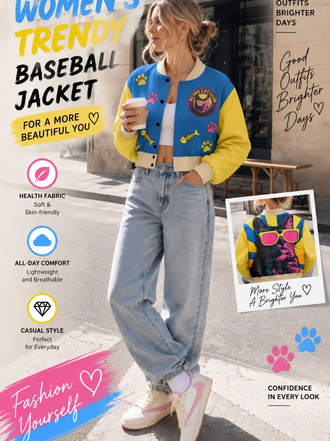 Women's Blue Square Cat Paw Pattern Casual Baseball Jacket, Fishbone Print Button Bomber Jacket, Preppy Streetwear Fall Winter Short Coat