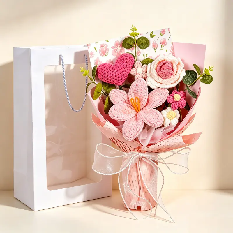 Handmade Crochet Flower Bouquet, Forever Knitted Pink Flower Bouquet with Gift Card, No Wilt Artificial Flowers for Birthday, Valentine, Mother's Day, Thoughtful Gifts for Her