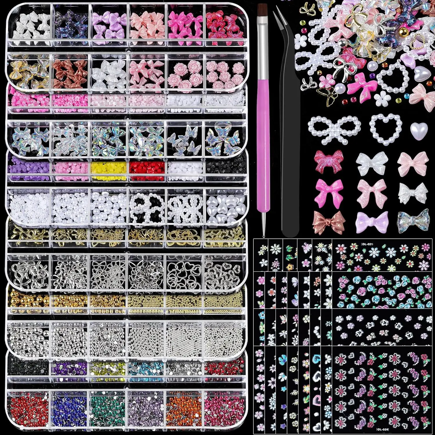Nail Charms and Gems Kit - 30 Sheets Flower Stickers, 6 Boxes 3D Rhinestones, Pearls, Diamonds, Beads, Picker Tools for Nail Artfidget toys