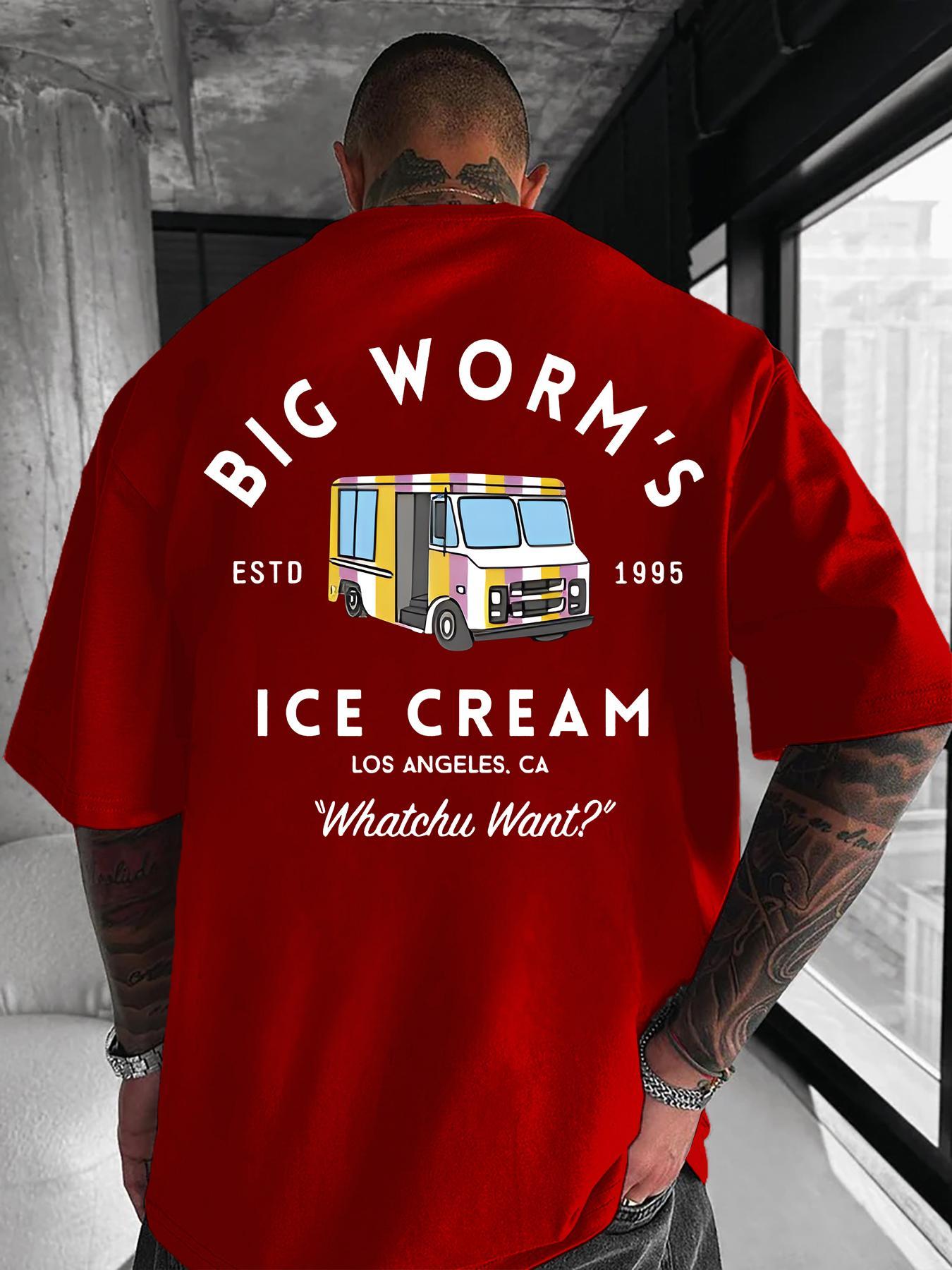 Men's Cartoon Ice Cream Truck & Letter Print Round Neck Tee, Loose Street Fashion Casual Short Sleeve T-shirt for Daily Wear, Men's Clothes for All Seasons, Casual Fit Streetwear