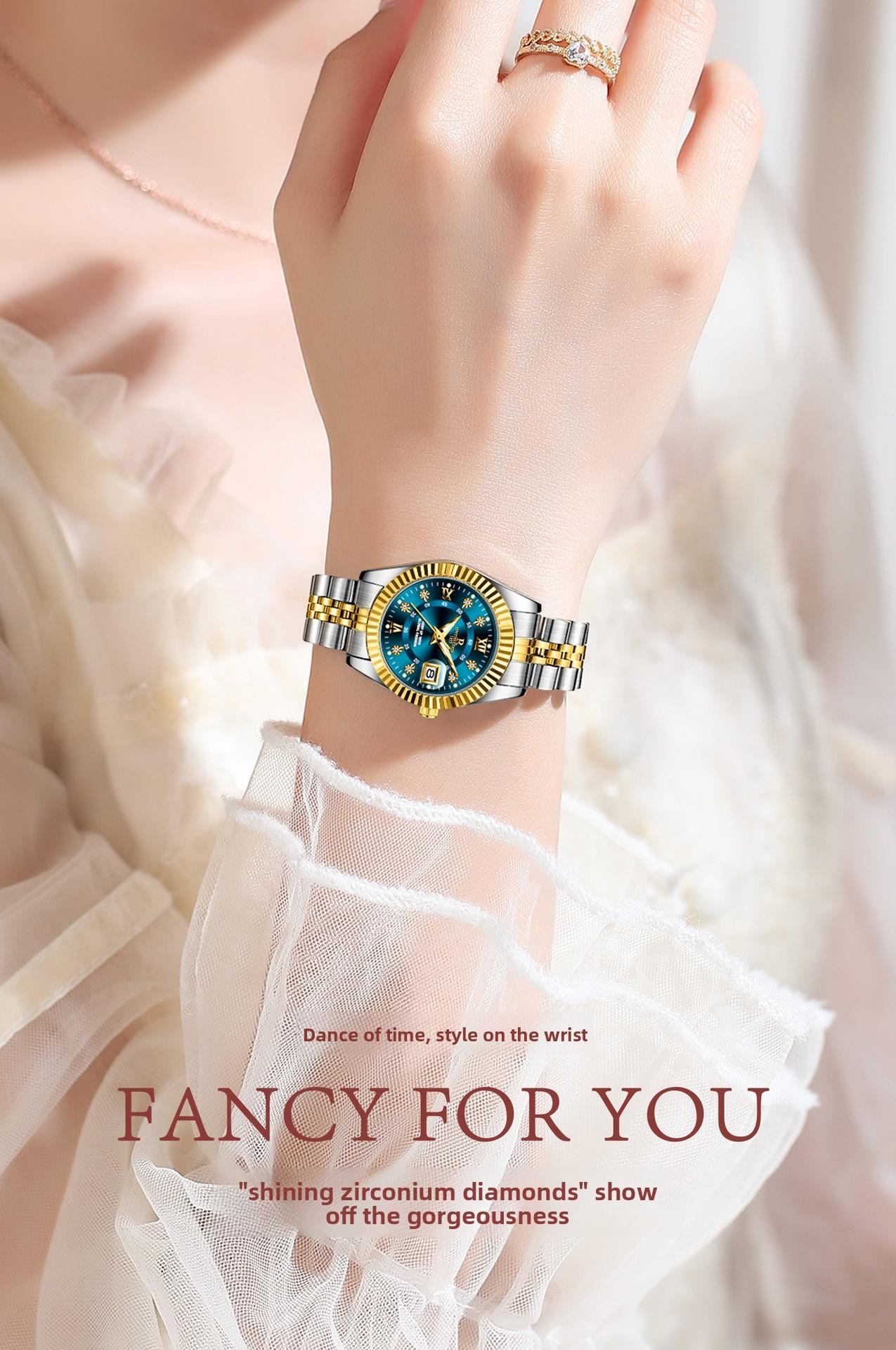 Elegant Women's Luxury Blue Dial Quartz Watch - Two-Tone Gold Silver Stainless Steel Wristwatch with Date, Sparkling Crystal Markers, Roman Numerals, Stylish Dress Watch for Ladies, Perfect Gift for Wife Girlfriend Mom