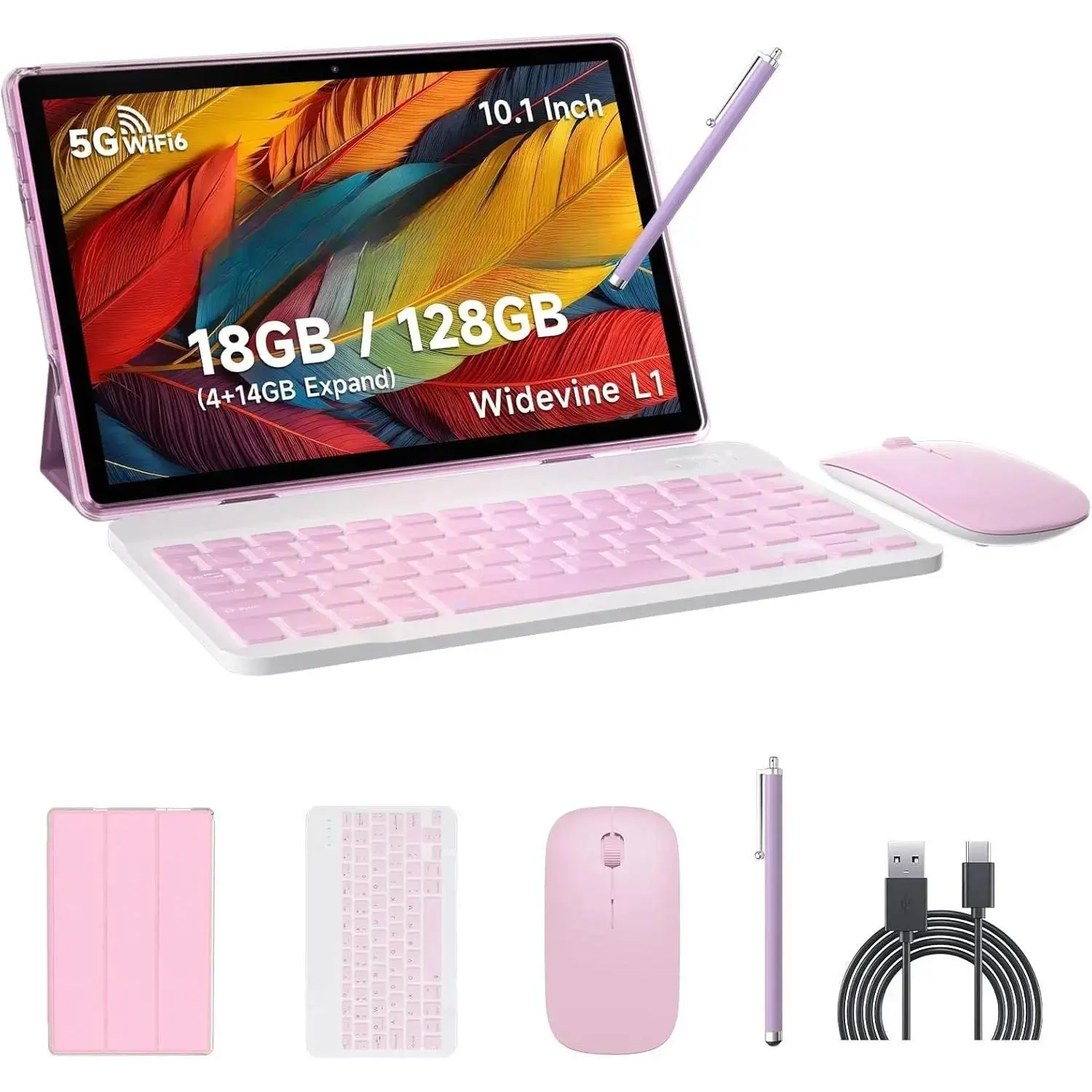 10-Inch Android 15 2-in-1 Tablet Kit (Pink) with 18GB RAM+128GB ROM, 2TB Expandable Storage, 2.0GHz Quad-Core Processor, 1280*800 HD Touchscreen Display, 5G WiFi6, BT 5.0, Keyboard Case, Mouse & Stylus for Multimedia Use