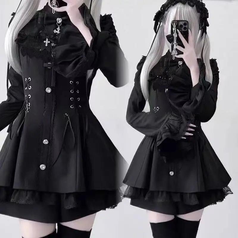 Y2k Aesthetic Lolita Style Bow Dress Shorts Set Women Kawaii Lace Flare Sleeve Bow Shirt Dress Japanese Punk Party Mini Dress