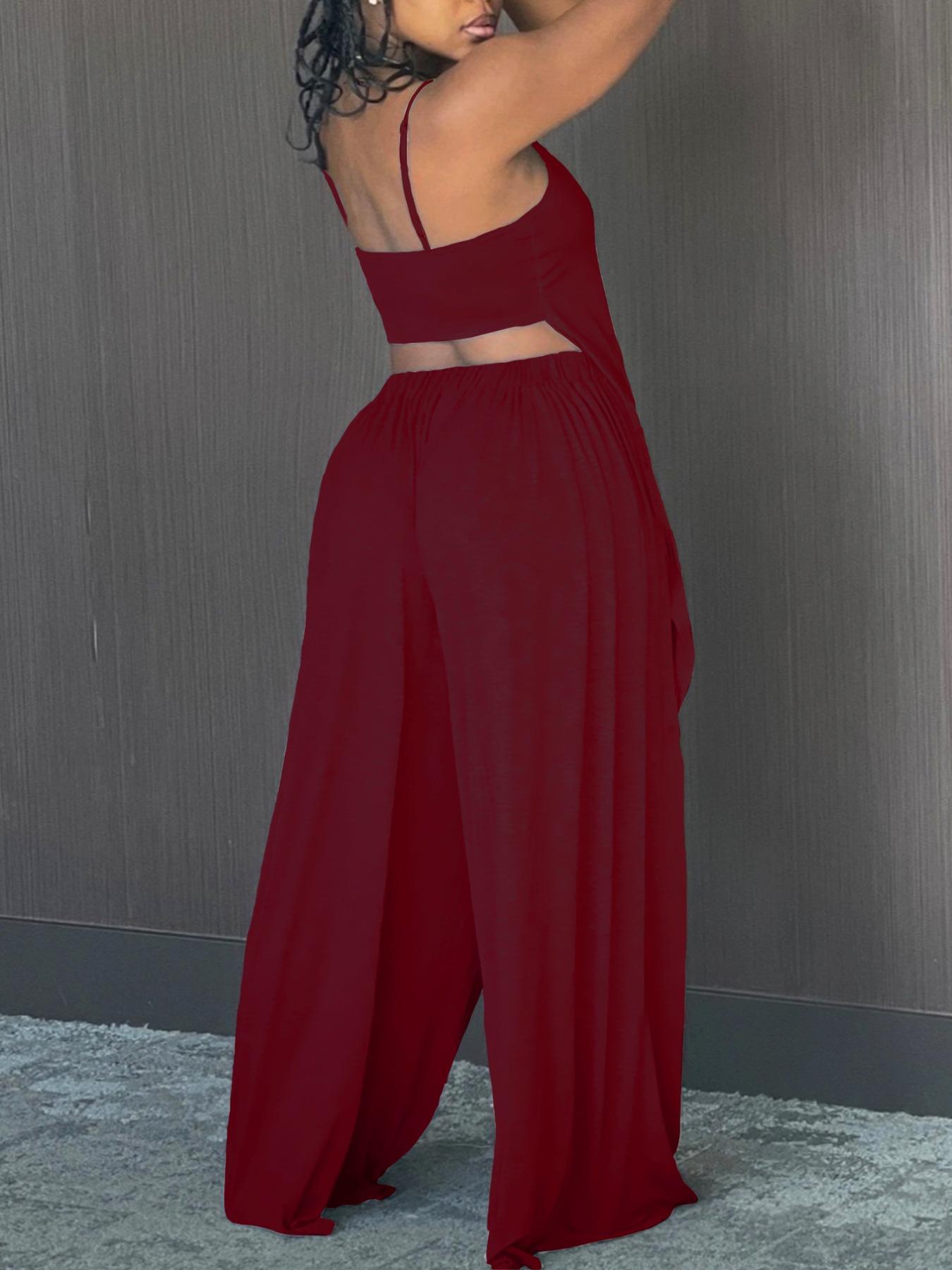 Women's Solid Jersey High Low Wide Leg Loungewear Set, Casual Sleeveless Spaghetti Strap Cami Top & Pants Pj Set, Women's Sleepwear for Summer